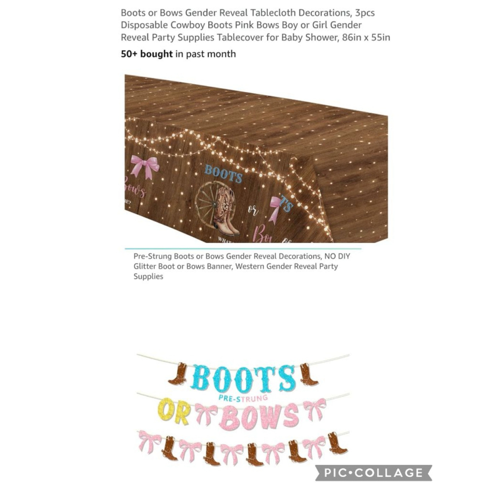 Boots or Bows Gender Reveal Party Decorations Banner and Table Cloths Brown Pink